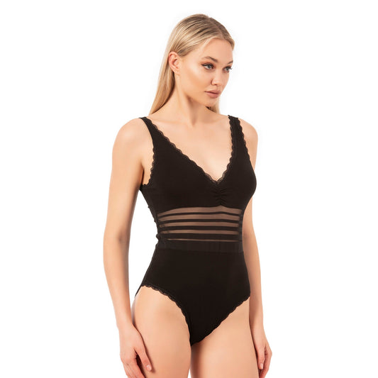 Women's Black Cotton Bodysuit with Sheer Stripe Waist & Lace Trim – Elegant & Comfortable - Velora