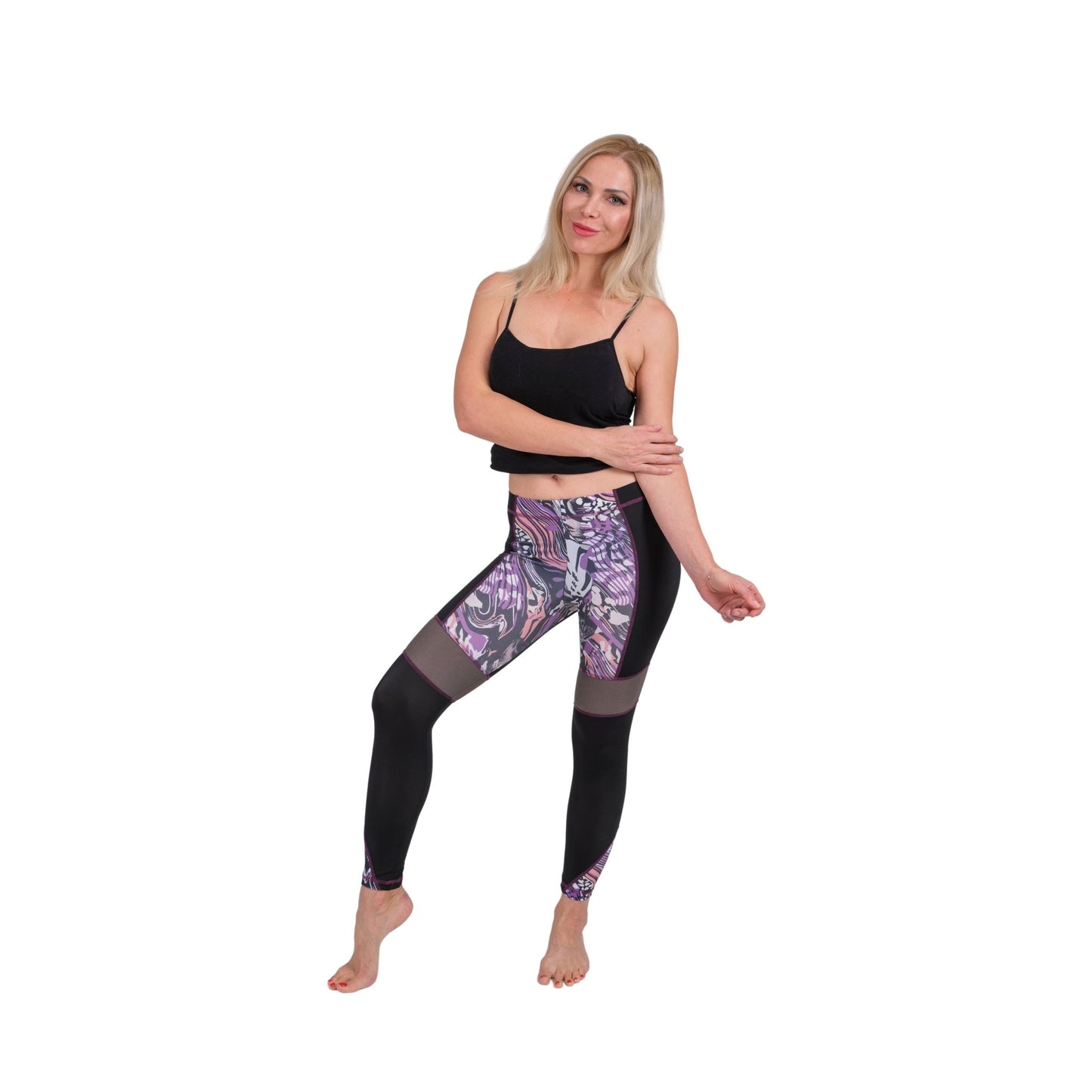 BoldMesh Sculpt Yoga Leggings – Black & Violet Pattern (Breathable Fit) - Velora