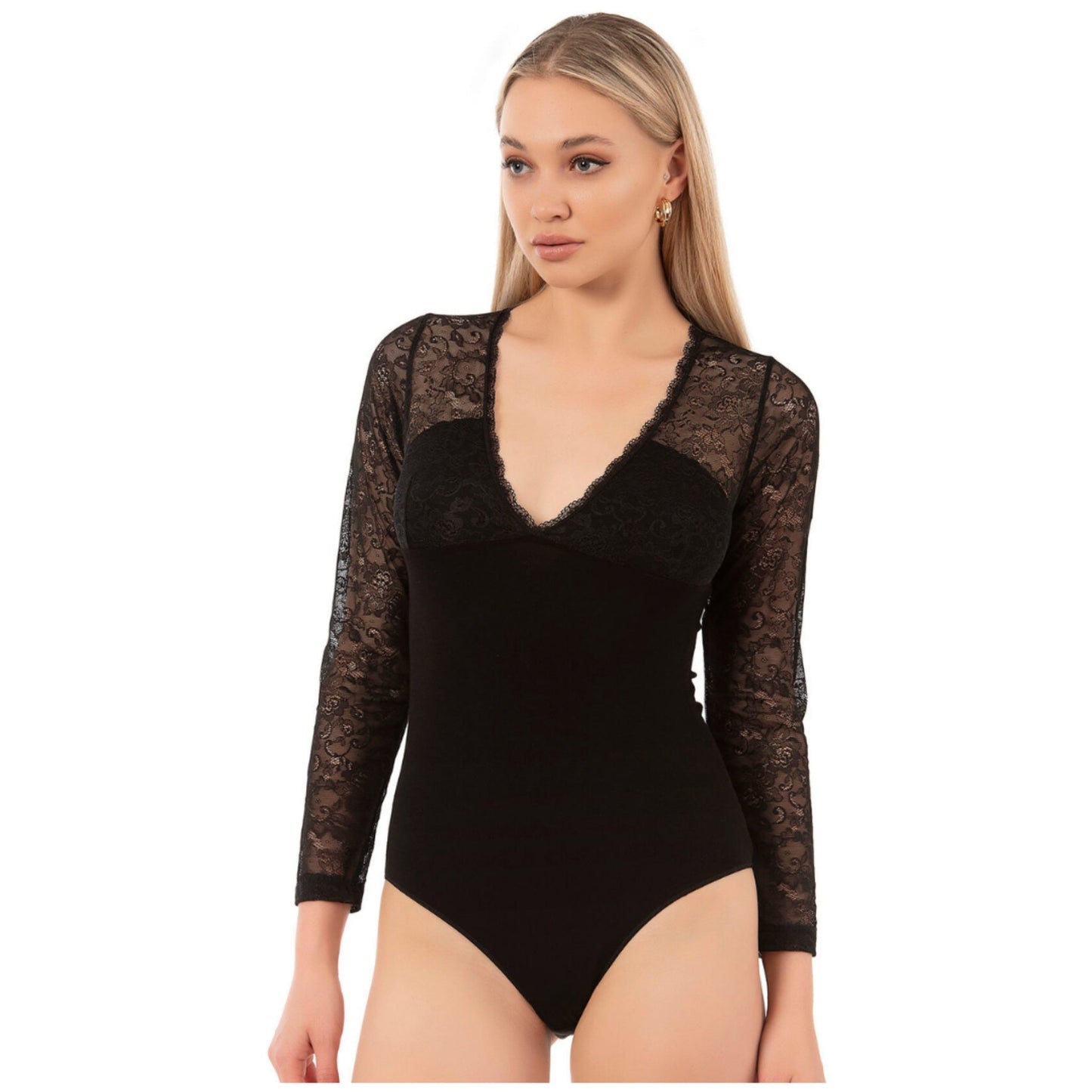Women's Black Long Sleeve Lace Bodysuit – Elegant Viscose Blend with Floral Mesh Details - Velora