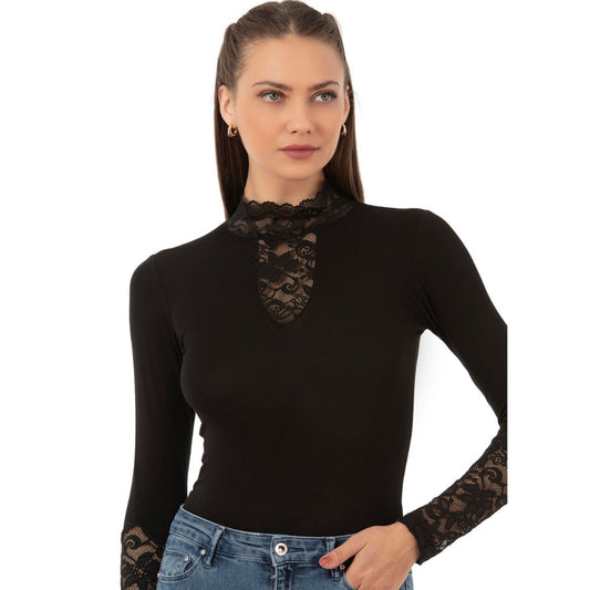 Women's Long Sleeve Lace Bodysuit – Elegant High Neck Design | Black - Velora