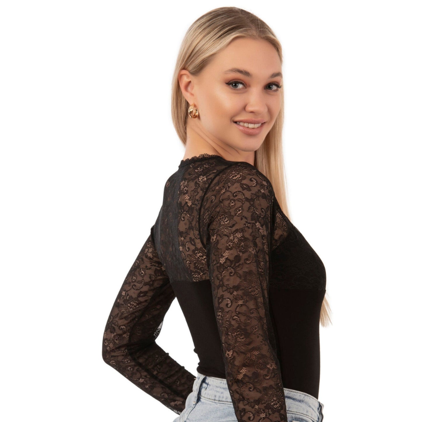 Women's Black Long Sleeve Lace Bodysuit – Elegant Viscose Blend with Floral Mesh Details - Velora