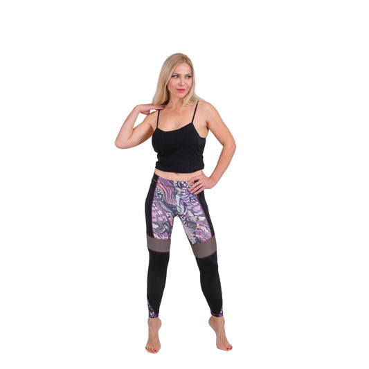 BoldMesh Sculpt Yoga Leggings – Black & Violet Pattern (Breathable Fit) - Velora