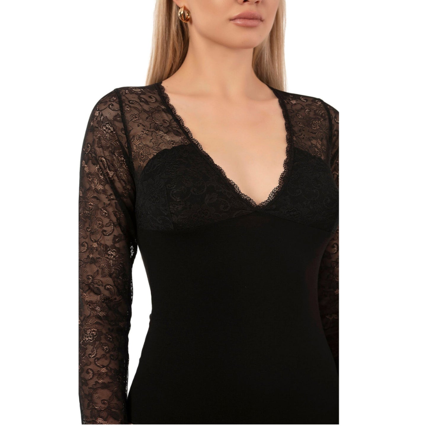 Women's Black Long Sleeve Lace Bodysuit – Elegant Viscose Blend with Floral Mesh Details - Velora