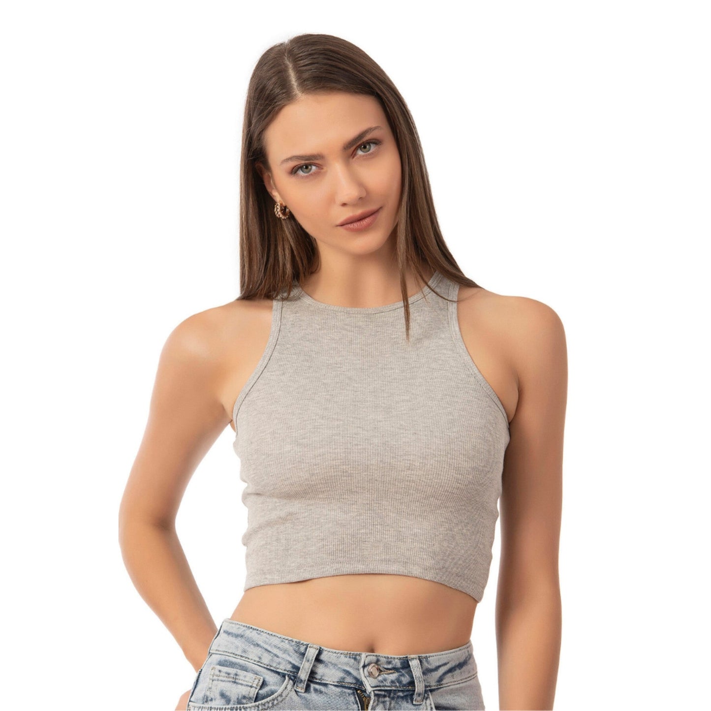 Women’s Ribbed High-Neck Crop Tank Top – Stretchy, Breathable Cotton Blend for Casual & Active Wear - Velora