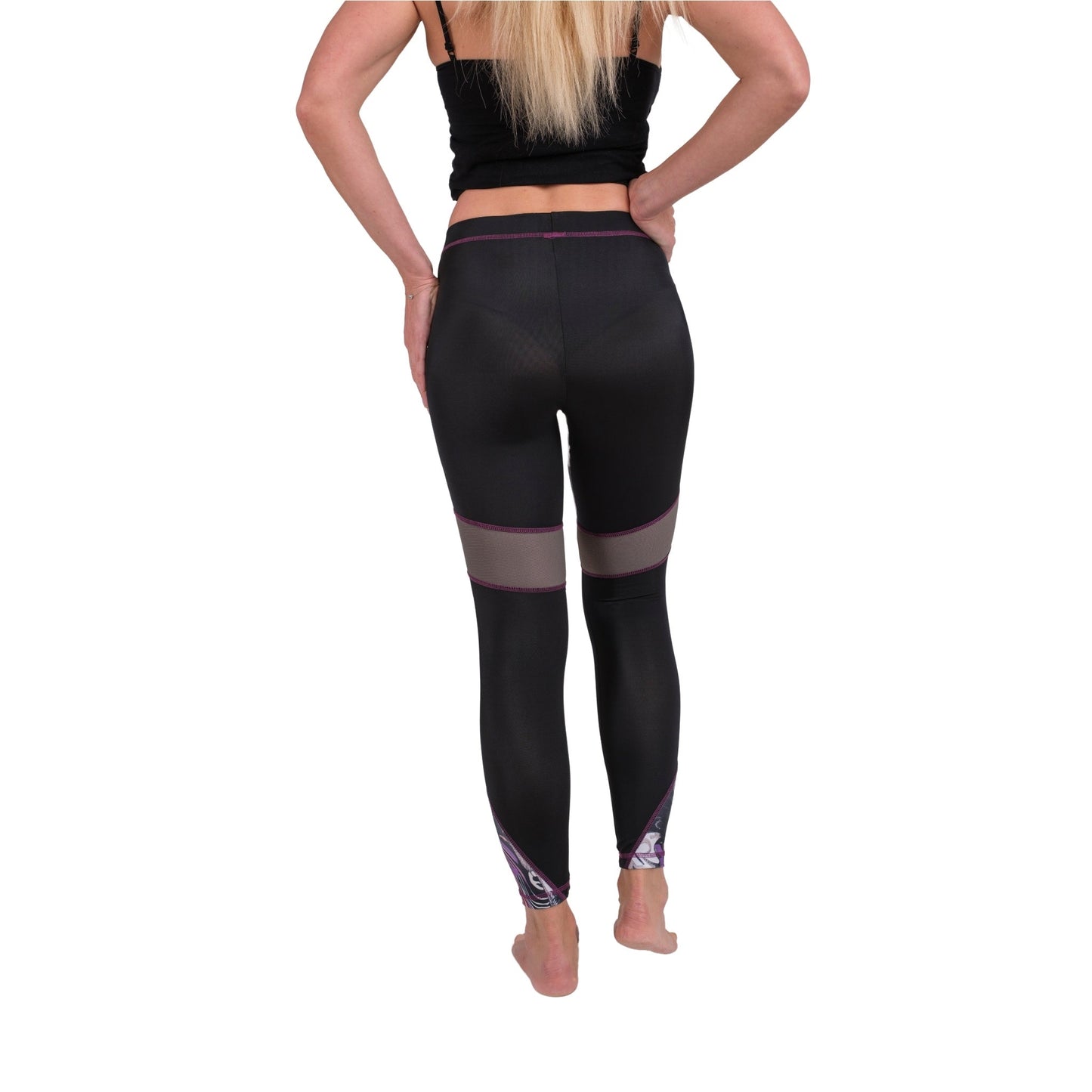 BoldMesh Sculpt Yoga Leggings – Black & Violet Pattern (Breathable Fit) - Velora