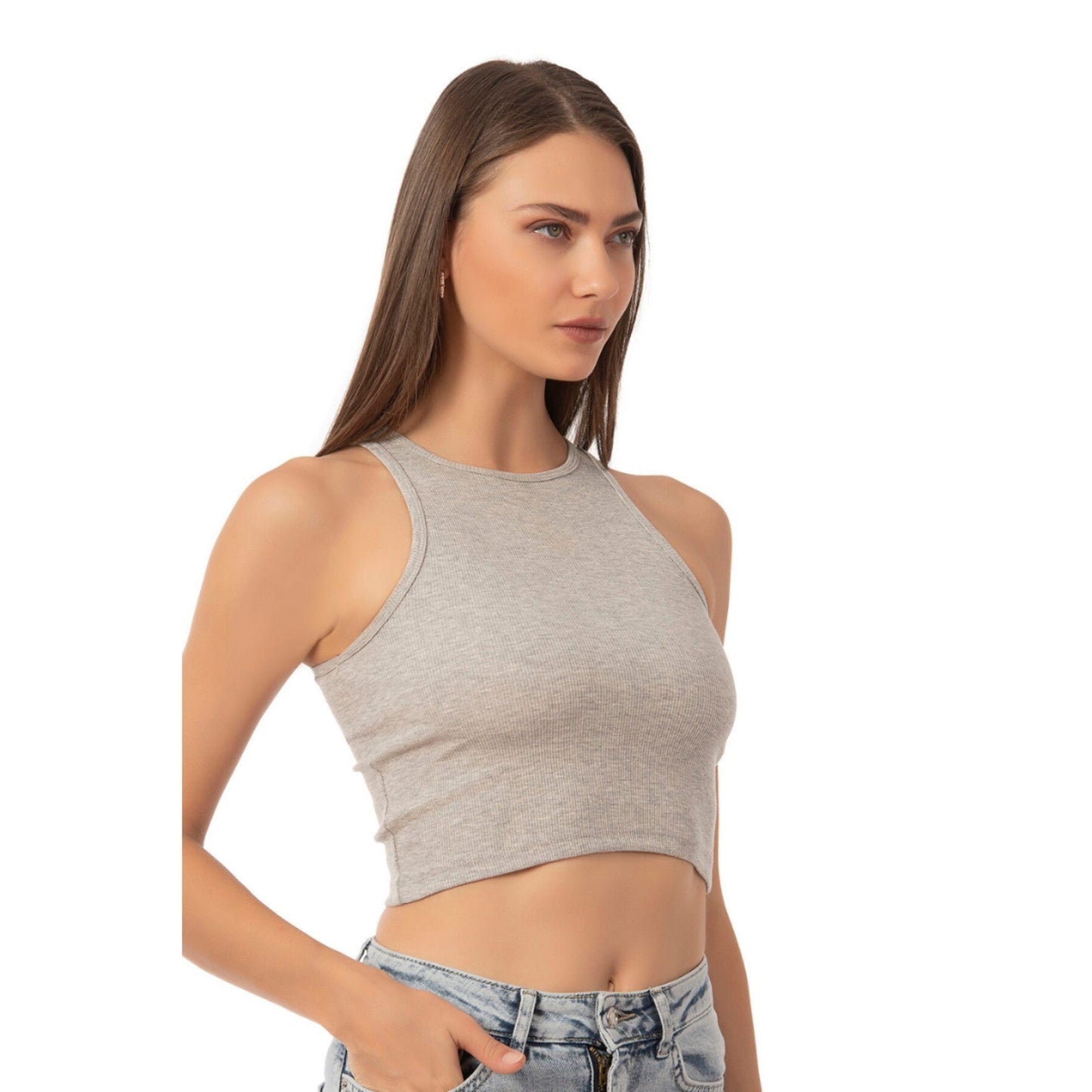 Women’s Ribbed High-Neck Crop Tank Top – Stretchy, Breathable Cotton Blend for Casual & Active Wear - Velora
