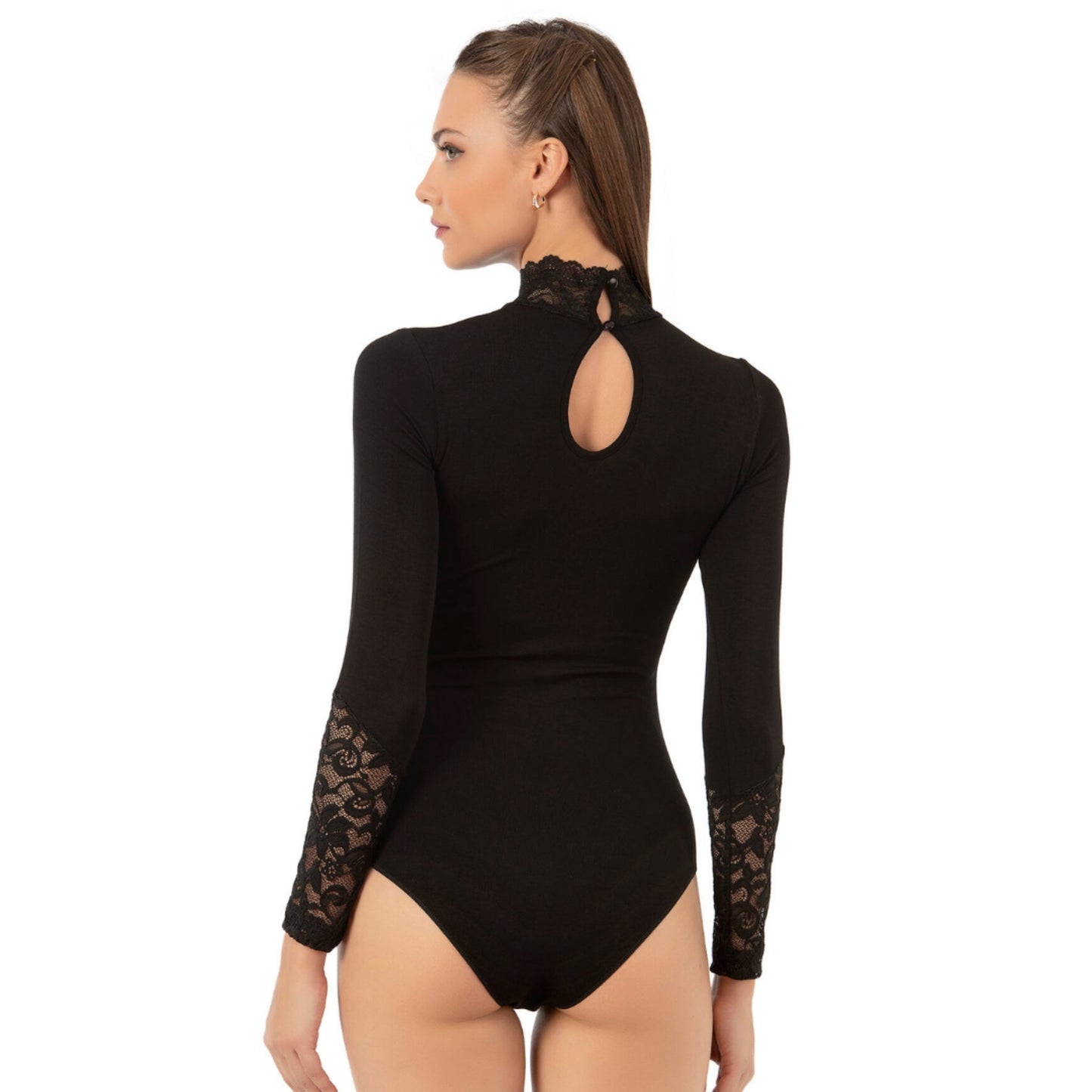 Women's Long Sleeve Lace Bodysuit – Elegant High Neck Design | Black - Velora