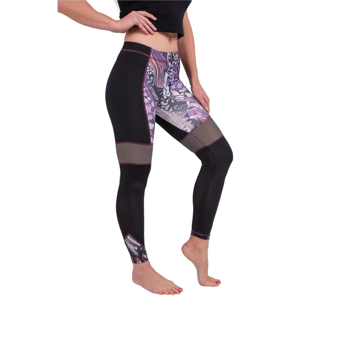 BoldMesh Sculpt Yoga Leggings – Black & Violet Pattern (Breathable Fit) - Velora