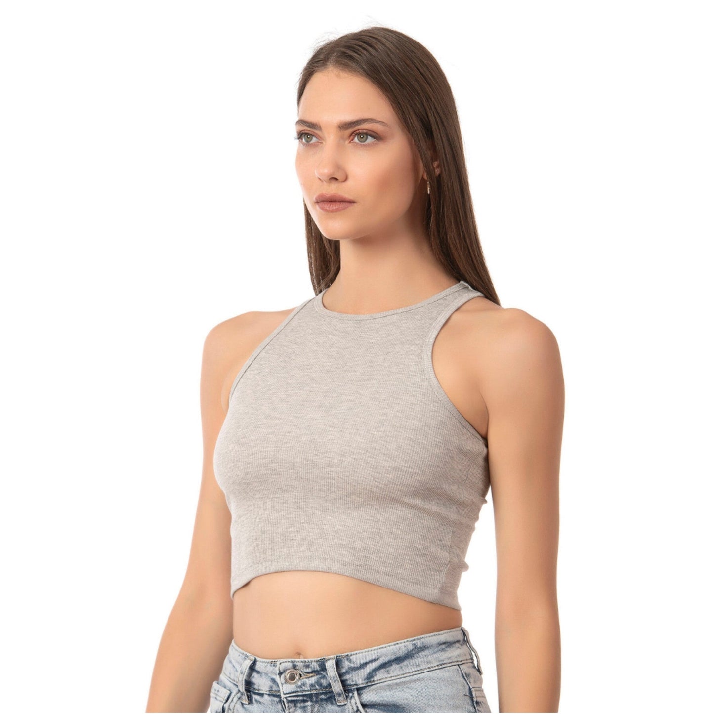 Women’s Ribbed High-Neck Crop Tank Top – Stretchy, Breathable Cotton Blend for Casual & Active Wear - Velora