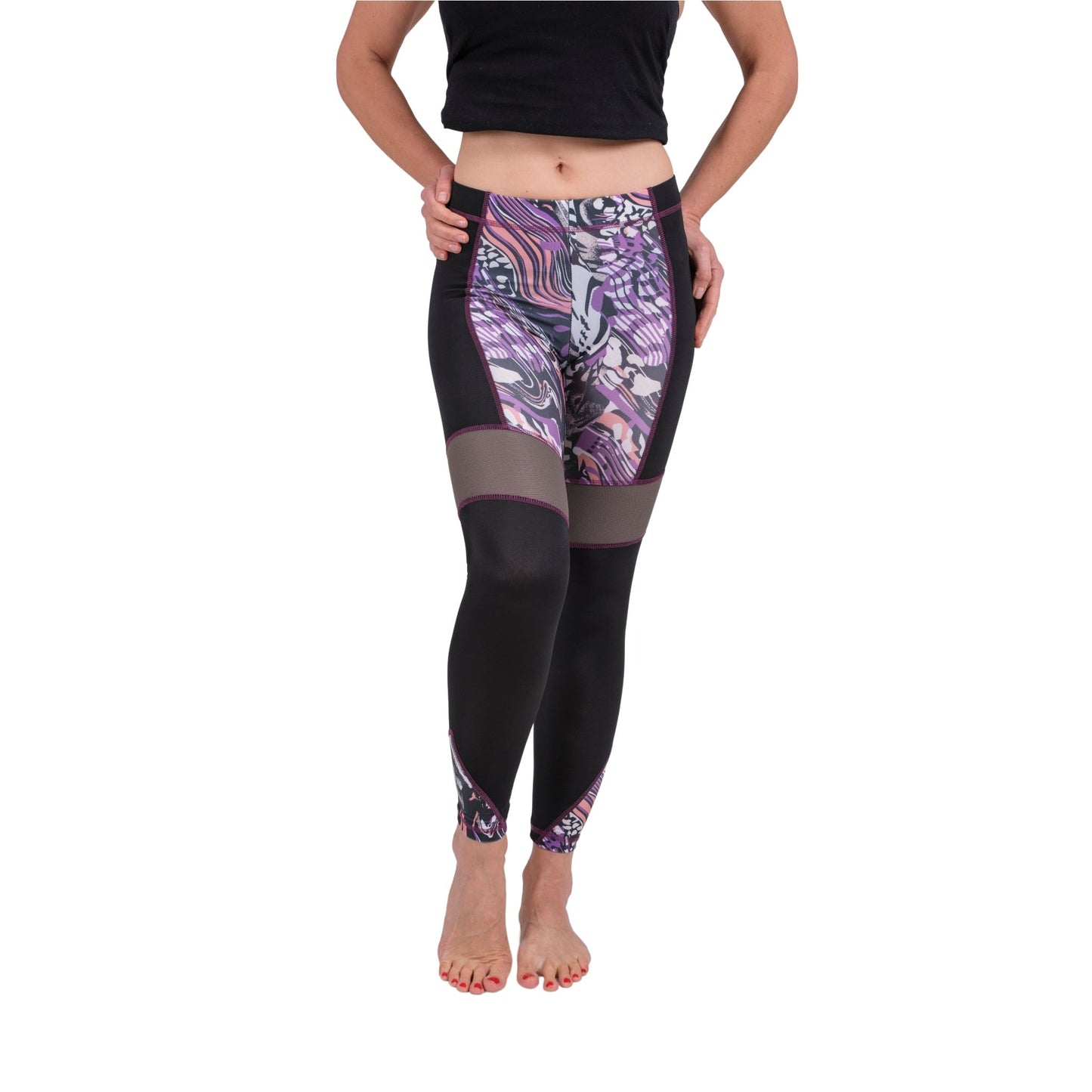 BoldMesh Sculpt Yoga Leggings – Black & Violet Pattern (Breathable Fit) - Velora