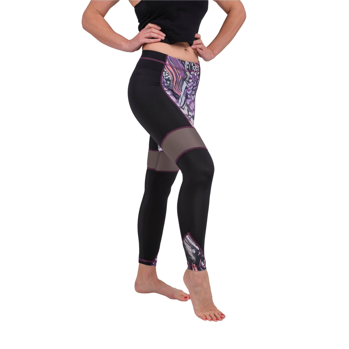 BoldMesh Sculpt Yoga Leggings – Black & Violet Pattern (Breathable Fit) - Velora