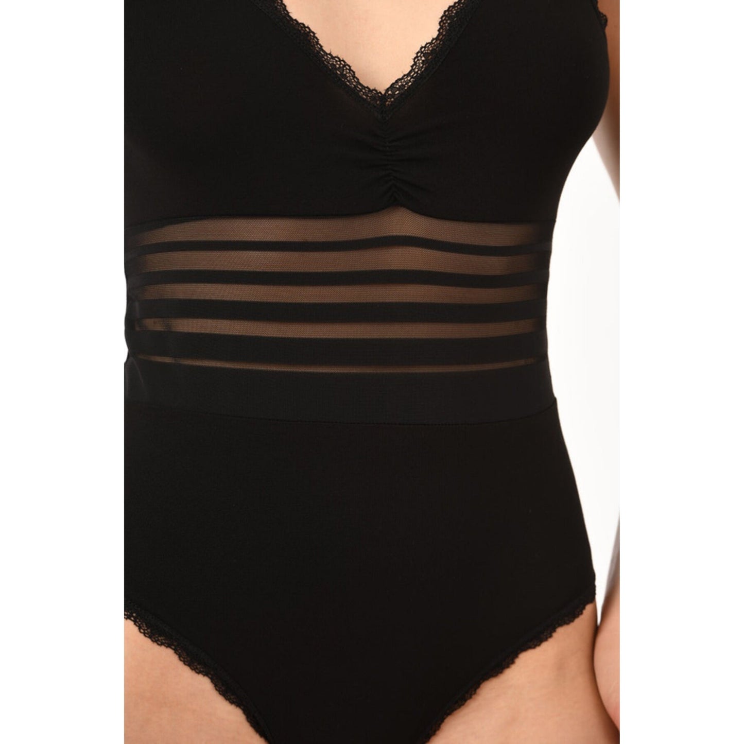 Women's Black Cotton Bodysuit with Sheer Stripe Waist & Lace Trim – Elegant & Comfortable - Velora
