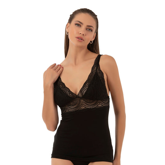 Women’s Lace Trim Cotton Modal Camisole – V-Neck Stretch Tank Top with Wide Straps - Velora