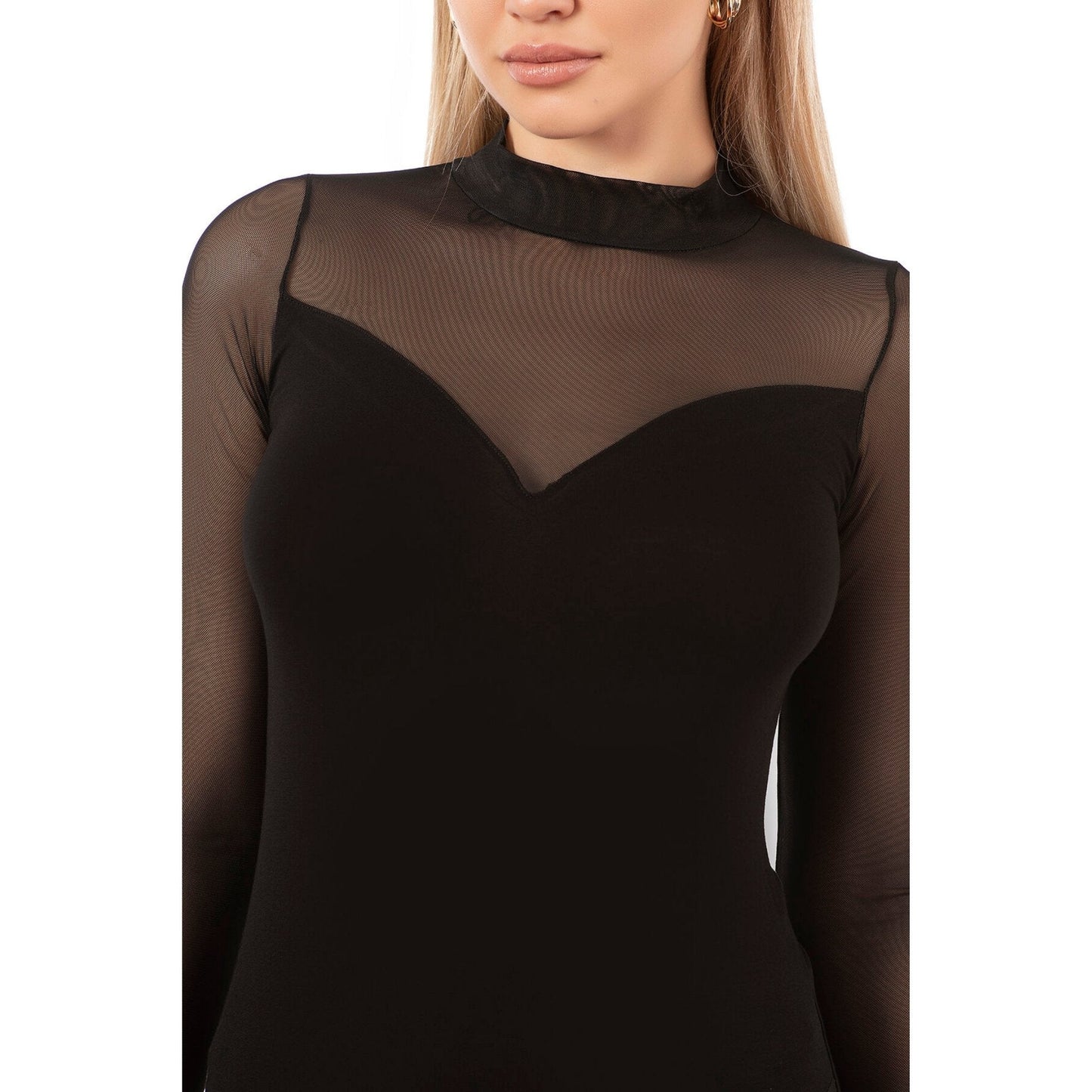 Women's Long Sleeve Black Mesh Bodysuit – Elegant Sheer Panel Viscose Stretch Leotard - Velora