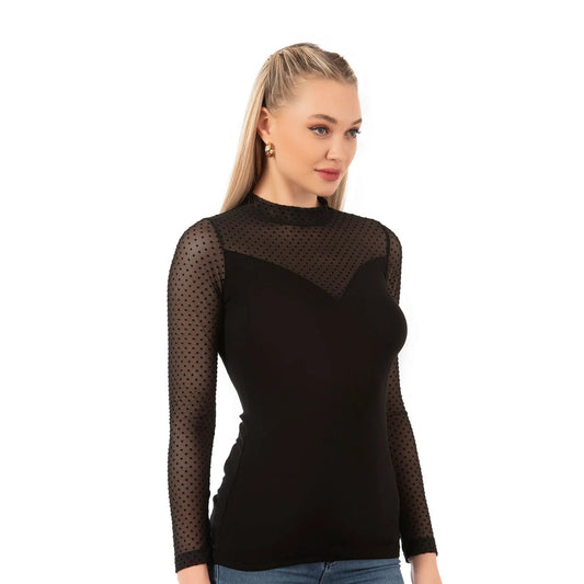 Women’s Long Sleeve Mesh Top – Black Sheer Polka Dot Turtleneck Shirt | Viscose Blend - Velora
