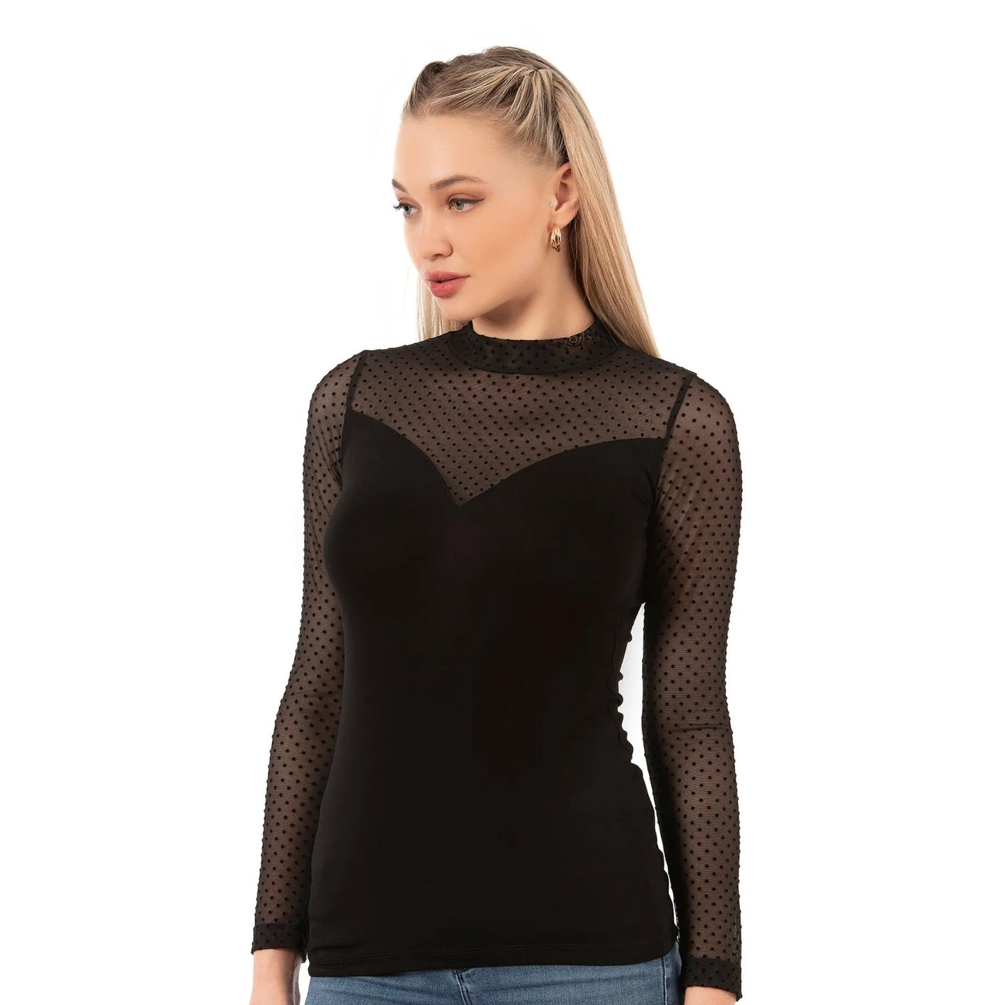 Women’s Long Sleeve Mesh Top – Black Sheer Polka Dot Turtleneck Shirt | Viscose Blend - Velora