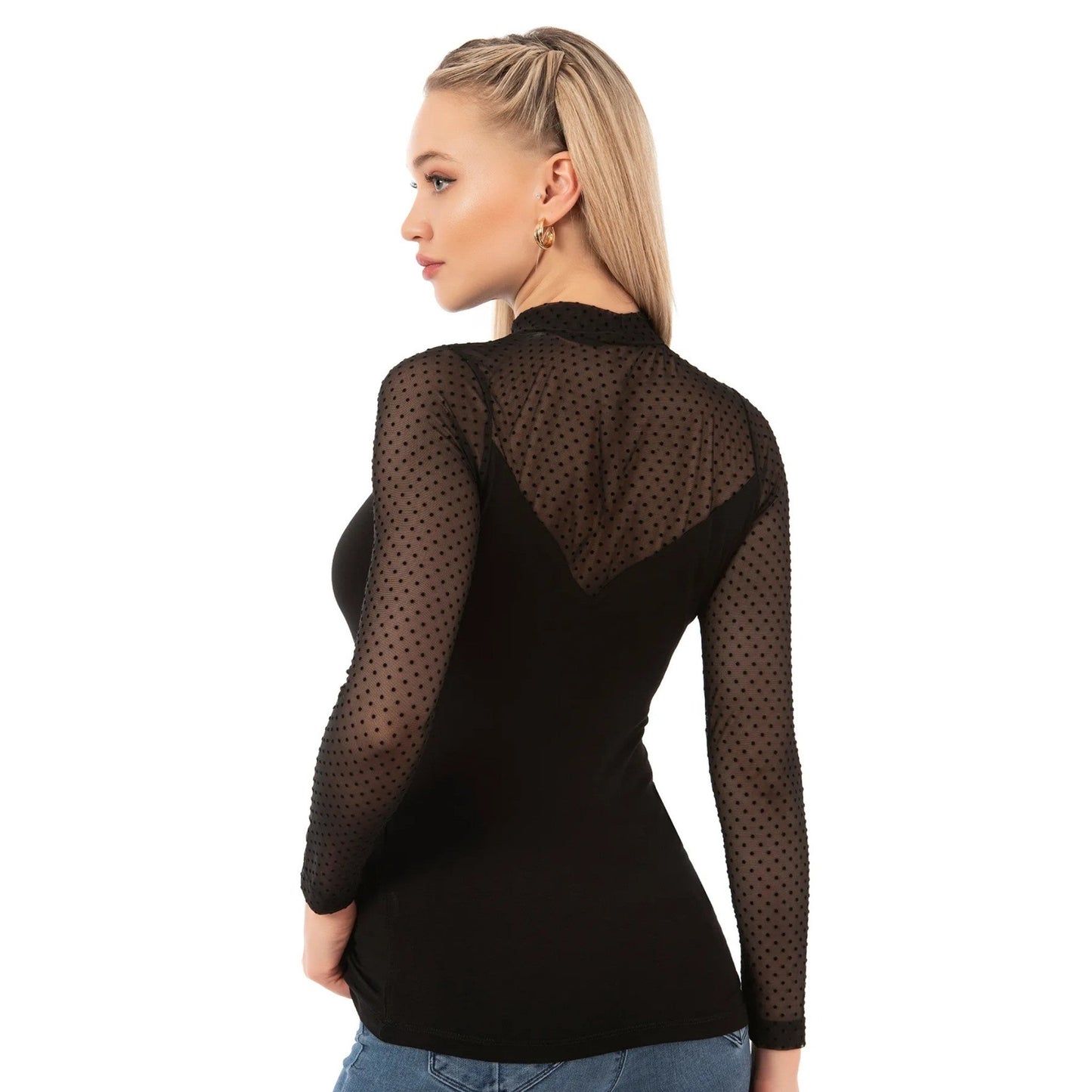 Women’s Long Sleeve Mesh Top – Black Sheer Polka Dot Turtleneck Shirt | Viscose Blend - Velora