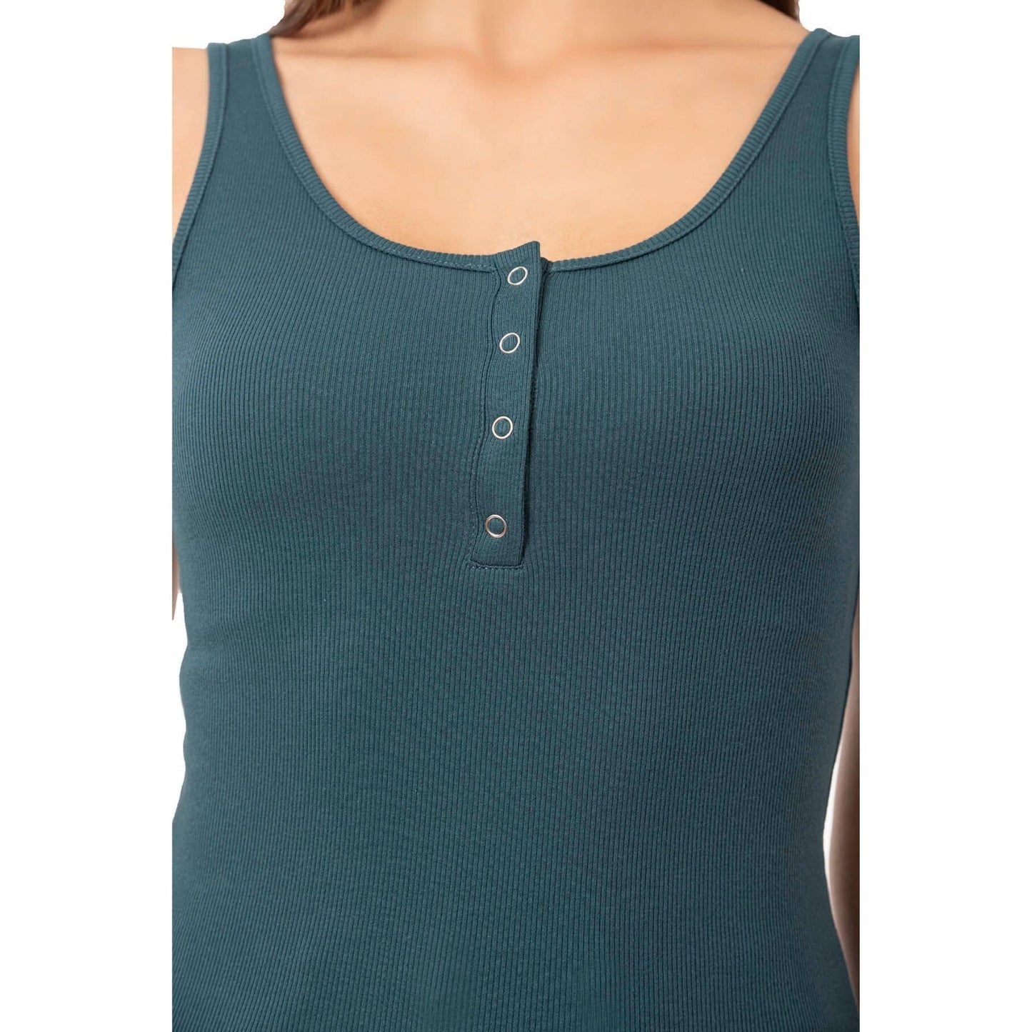 Women’s Ribbed Cotton Tank Top with Snap Buttons – Stretch Sleeveless Henley Shirt - Velora