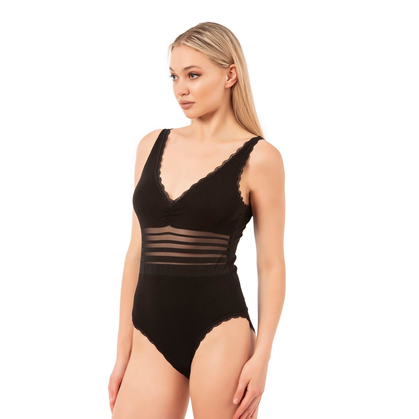 Women's Black Cotton Bodysuit with Sheer Stripe Waist & Lace Trim – Elegant & Comfortable - Velora