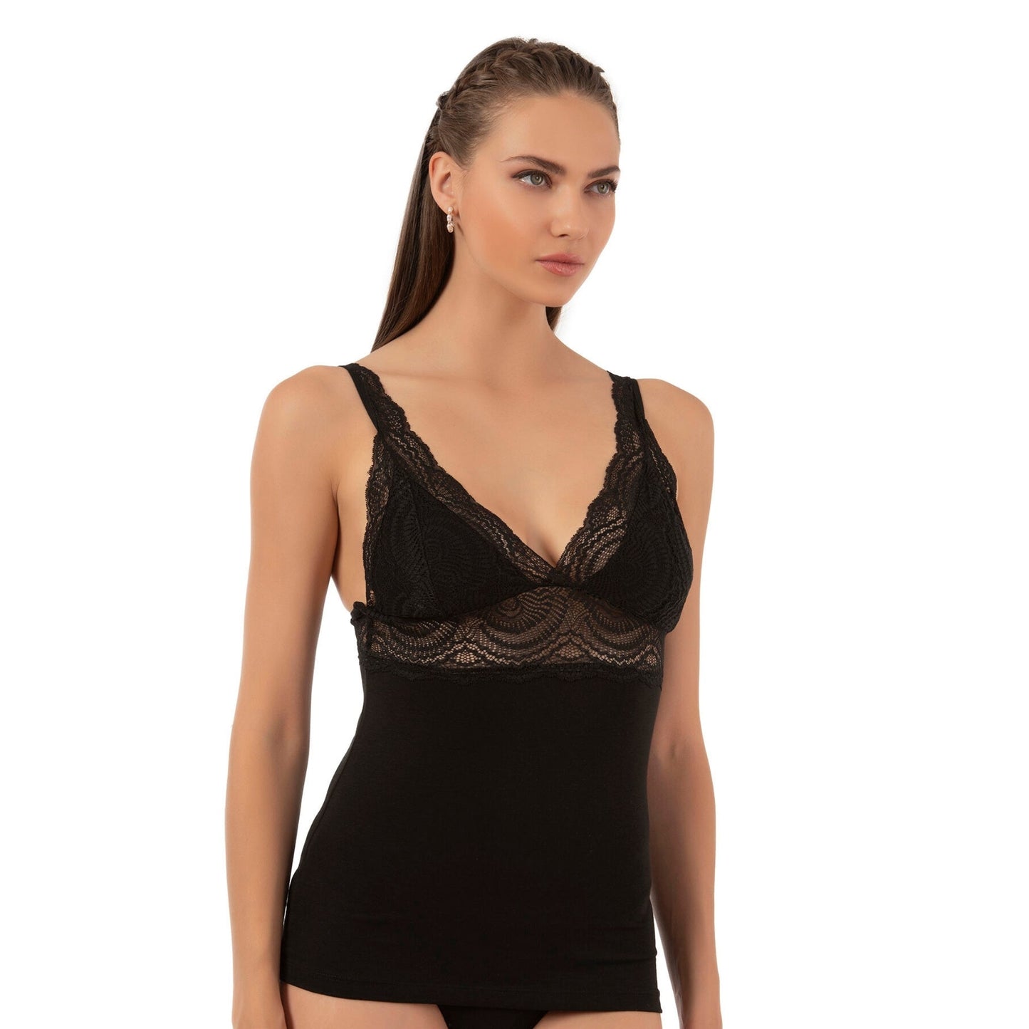Women’s Lace Trim Cotton Modal Camisole – V-Neck Stretch Tank Top with Wide Straps - Velora