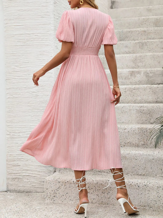 V-Neck Puff Sleeve Dress - Velora Luxury Fashion