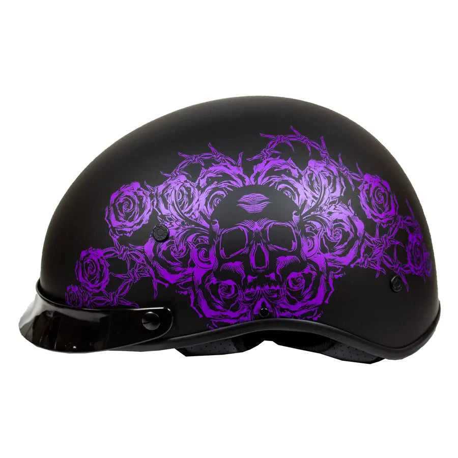 VOSS 707FRP Black Skull and Rose Half Helmet with Peak Boutique of Leathers/Open Road
