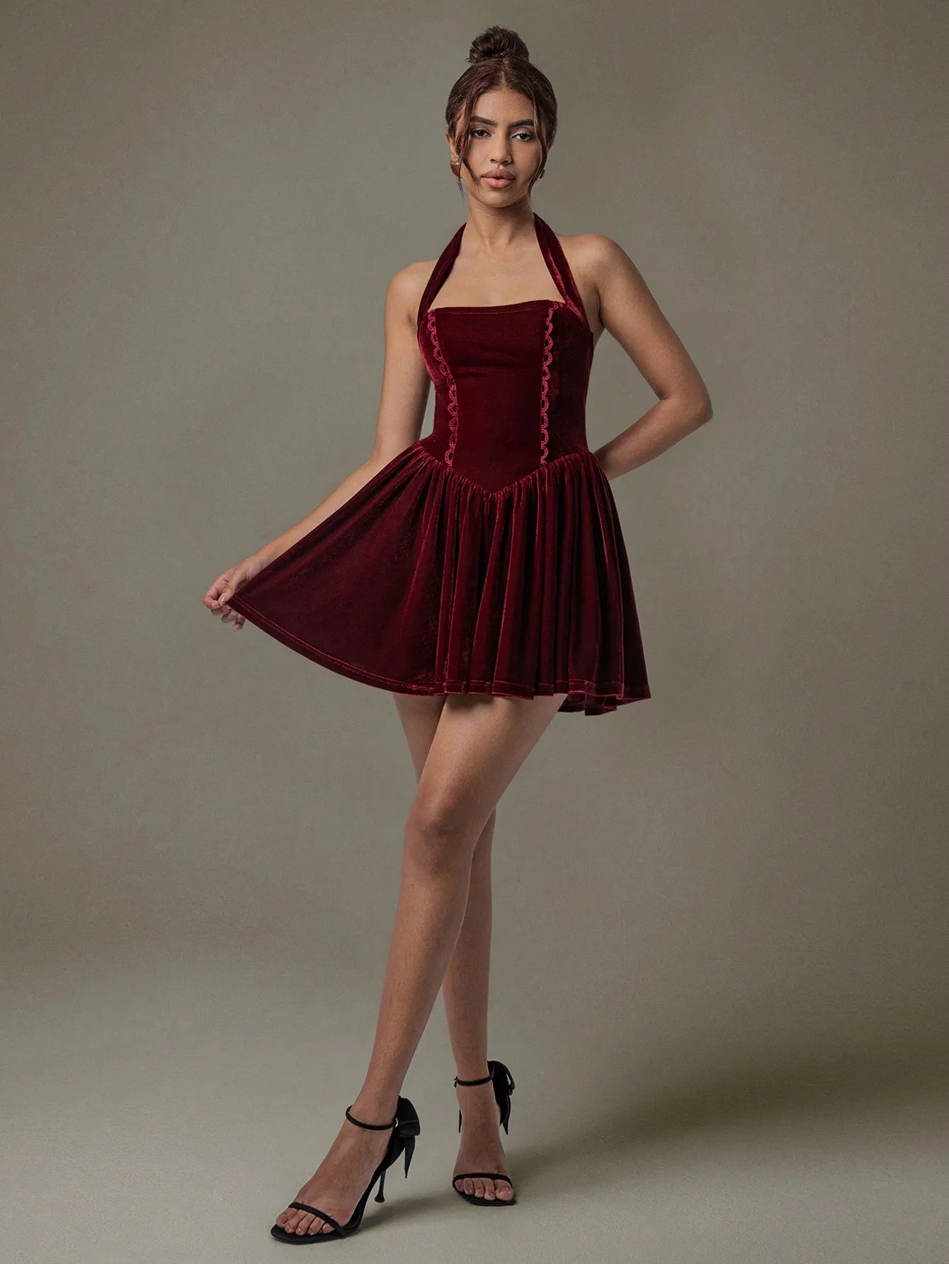 Velvet Halter Skater Dress - Velora