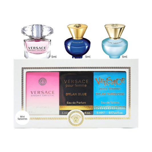 Versace 3 Pcs Mini Set For Women (Individual Box): Dylan Turquoise 5 Ml Eau De Toilette + Dylan Blue 5 Ml Eau De Parfum + Bright Crystal 5 Ml Eau De Toilette - Velora Luxury Fashion