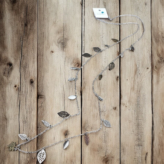 Waterfall Leaf Necklace – Long Layering Chain with Cascading Silver & Mixed Metal Leaves - Velora Luxury Fashion