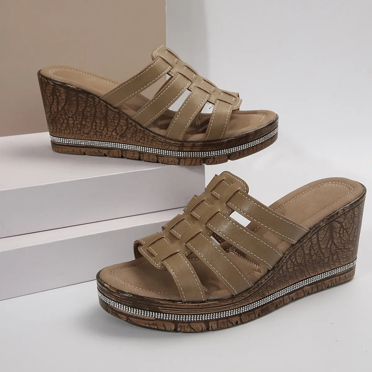 Wedge Platform Sandals with Multiple Strap Design - Velora Luxury Fashion