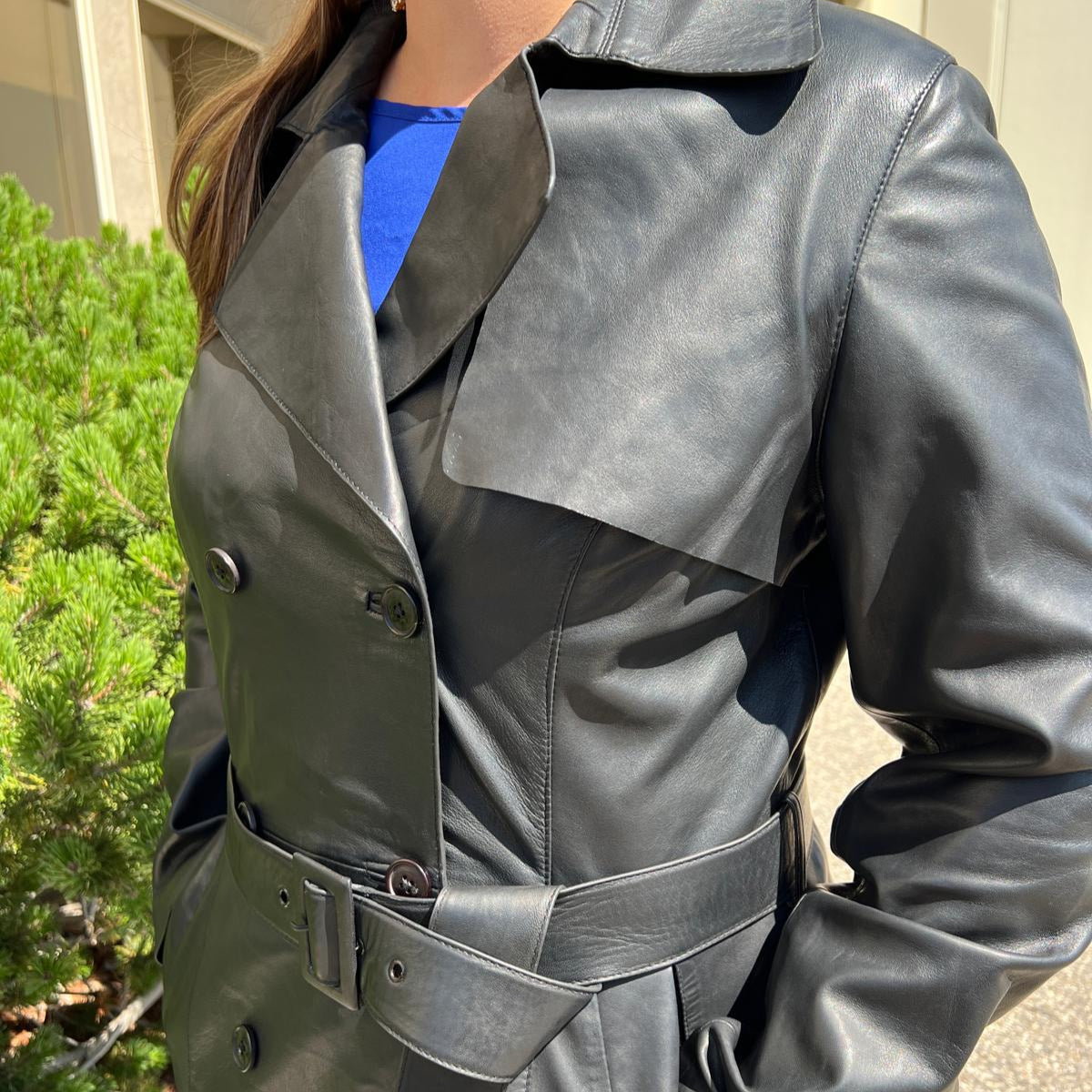 Women's Classic Leather Trench Coat. Double-Breasted Button Closure with Adjustable Belt Boutique of Leathers/Open Road
