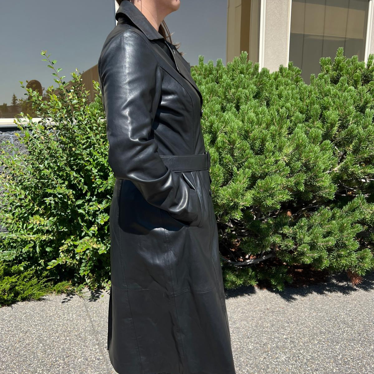 Women's Classic Leather Trench Coat. Double-Breasted Button Closure with Adjustable Belt Boutique of Leathers/Open Road