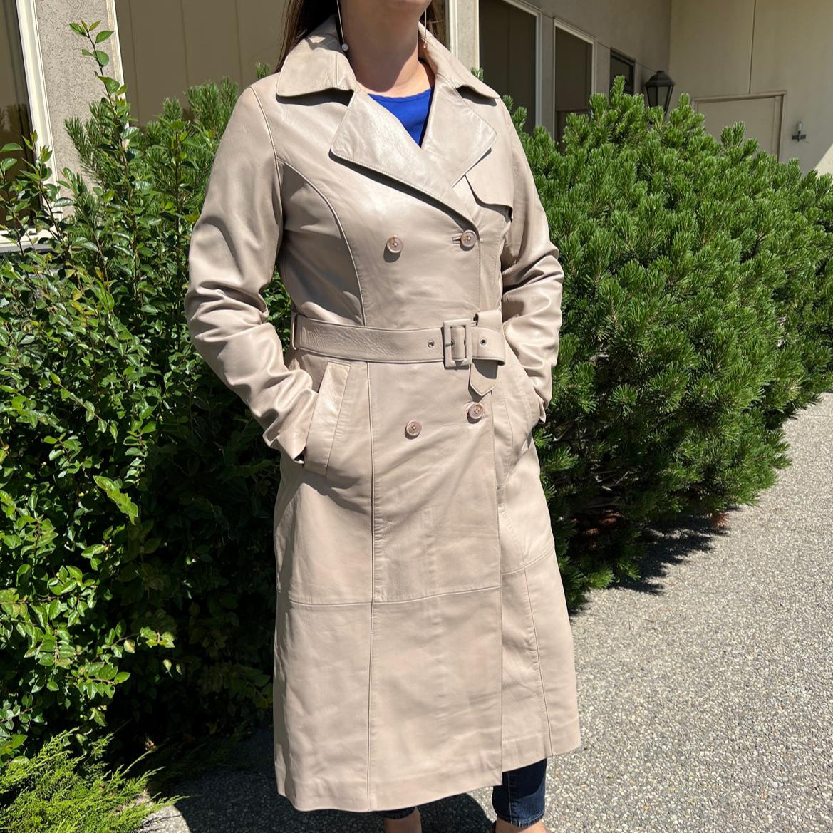 Women's Classic Leather Trench Coat. Double-Breasted Button Closure with Adjustable Belt Boutique of Leathers/Open Road