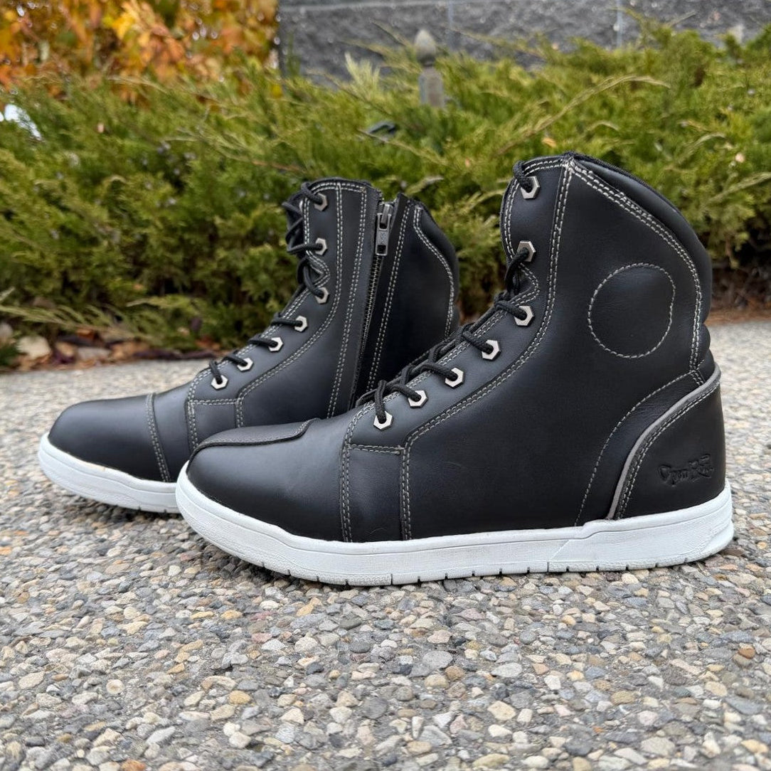 Men's Sneaker Biker Boots. Black Cowhide Leather with White Sole, Lace-Up & Side Zip - Velora Luxury Fashion