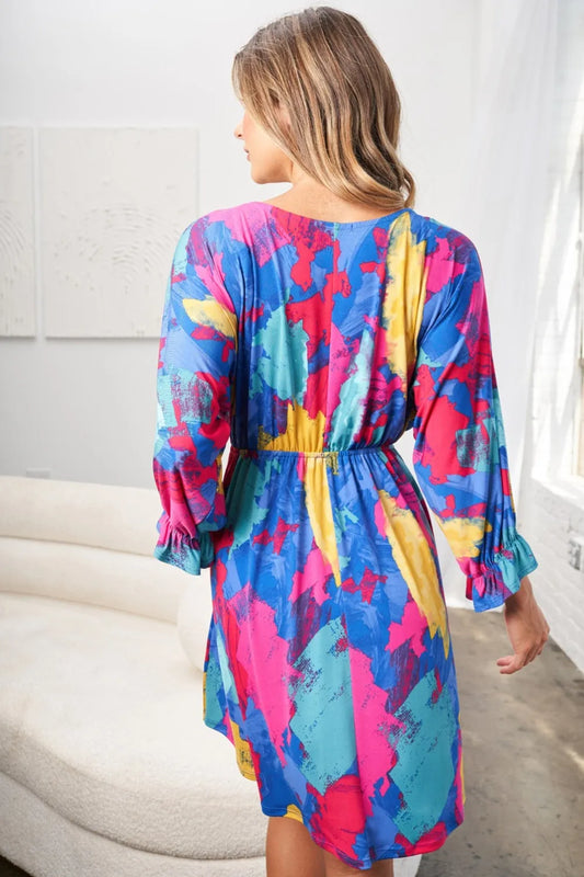 White Birch Full Size Printed V-Neck Mini Dress - Velora Luxury Fashion