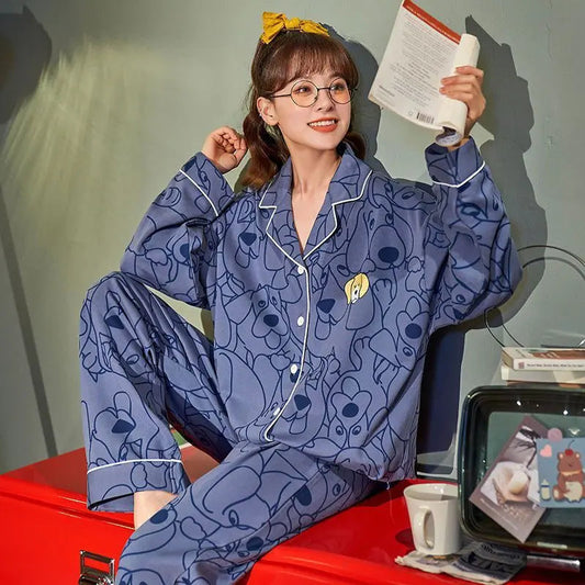 Women Pajamas – Cotton Cartoon Pajama Suit with Long Sleeves - Velora