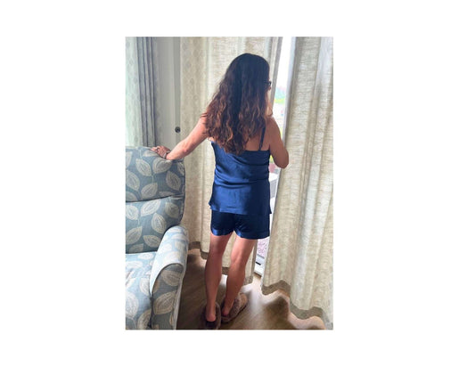 Women's Mulberry Silk Camisole and Boxer Pajama Set Navy Blue - Velora Luxury Fashion