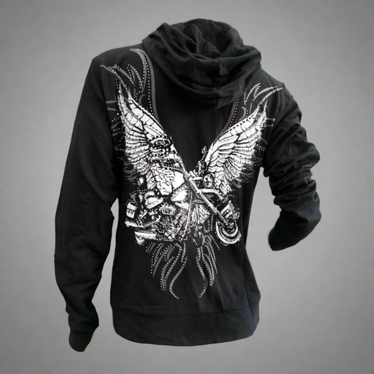 Women's Rhinestone Motorcycle Wing Hoodie - Velora Luxury Fashion