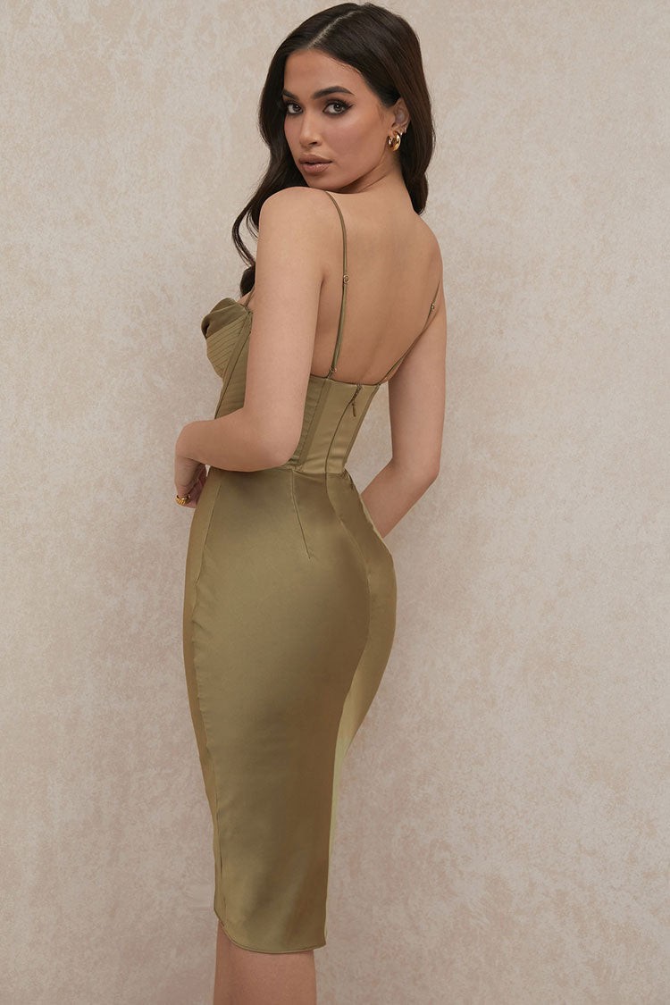 Women's Cocktail Dress Green Satin Cowl Neck Corset - Velora