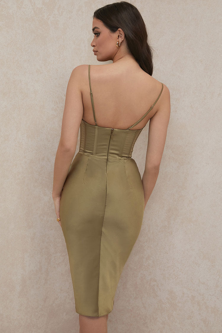 Women's Cocktail Dress Green Satin Cowl Neck Corset - Velora