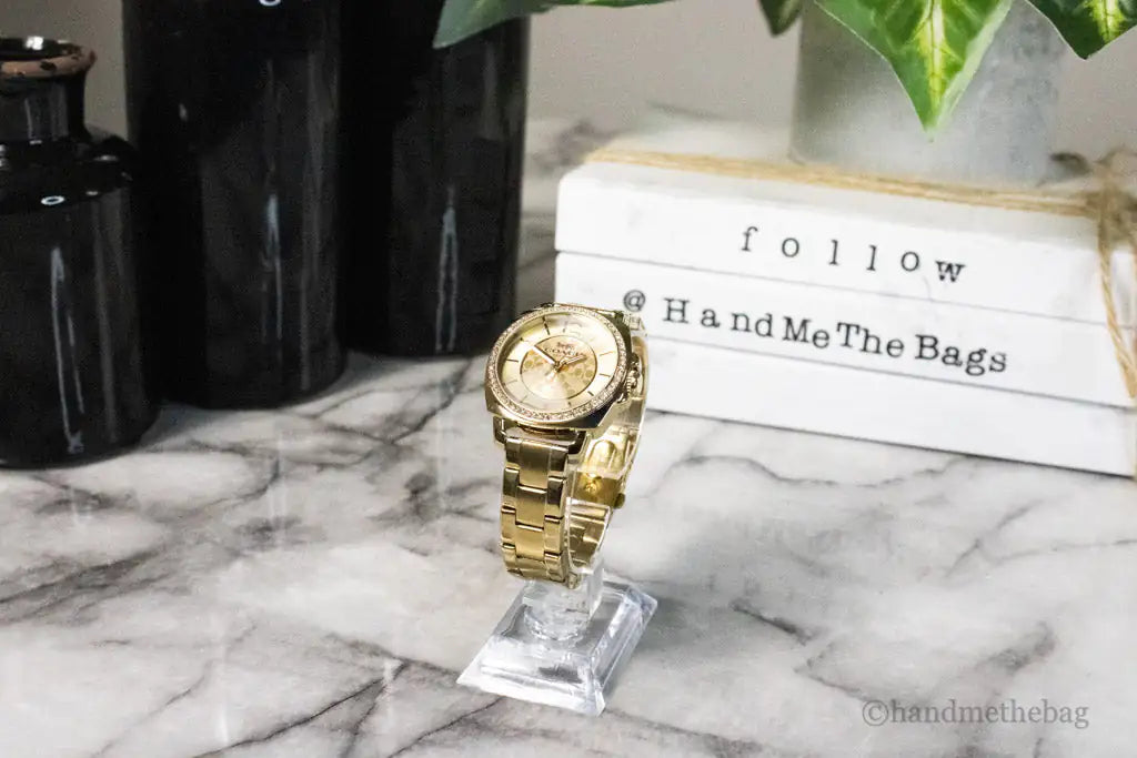 Coach Boyfriend Crystal Bezel Yellow Gold Toned Wrist Watch