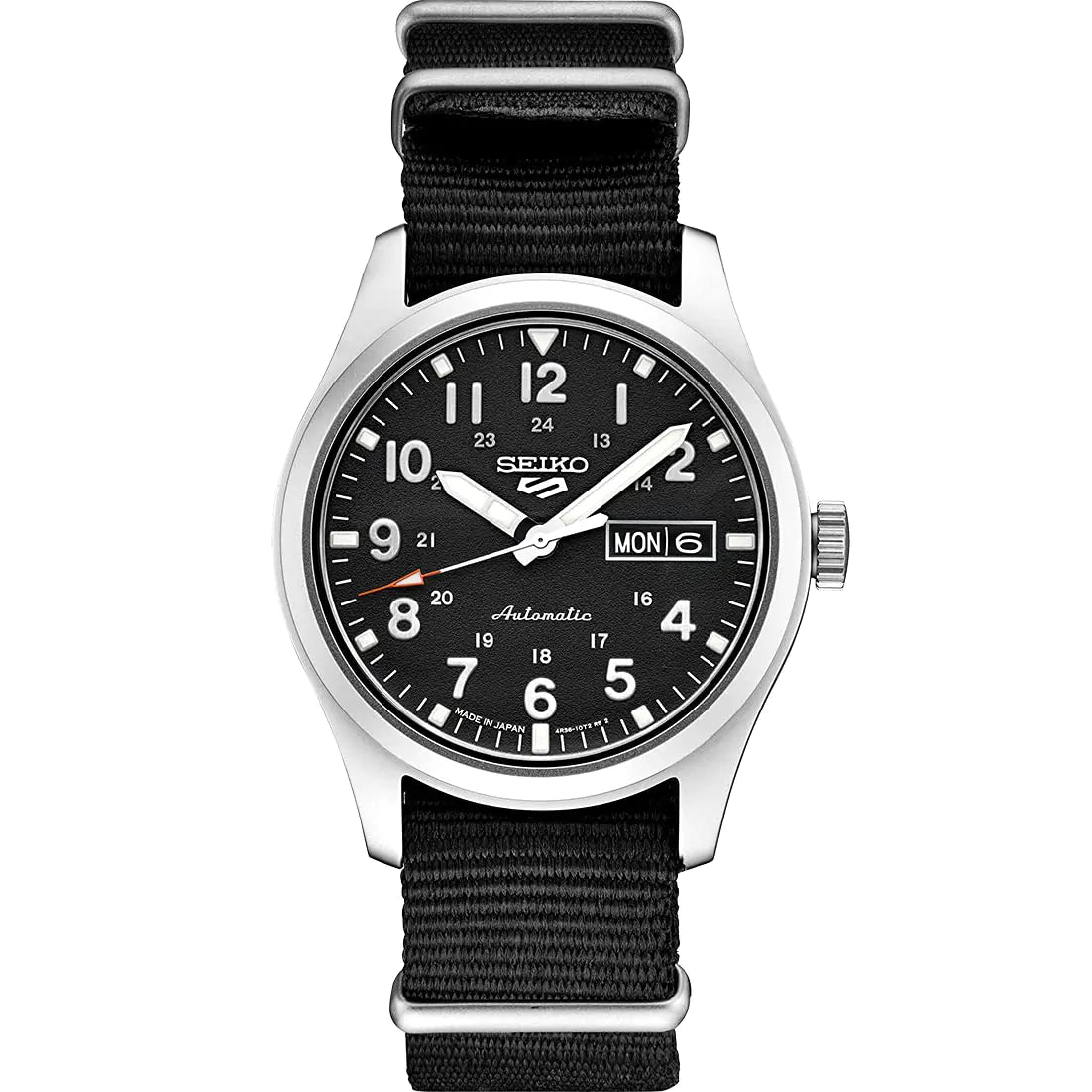 SEIKO SRPG37 Watch for Men - 5 Sports - Automatic with Manual Winding Movement Black Dial Stainless Steel Case Black Nylon Strap 100m Water Resistant and Day/Date Display