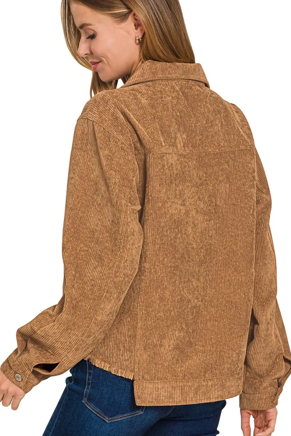 Zenana Distressed Corduroy Frayed Hem Cropped Jacket - Velora Luxury Fashion