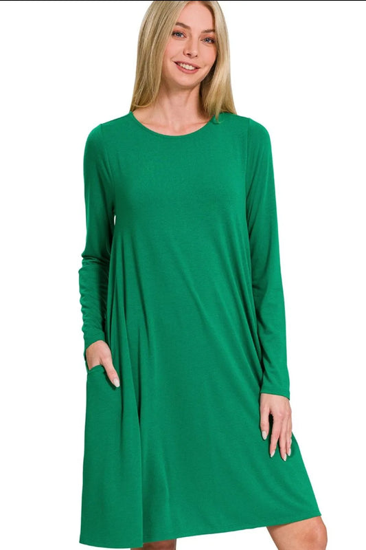 Zenana Long Sleeve Flare Dress With Pockets - Velora Luxury Fashion