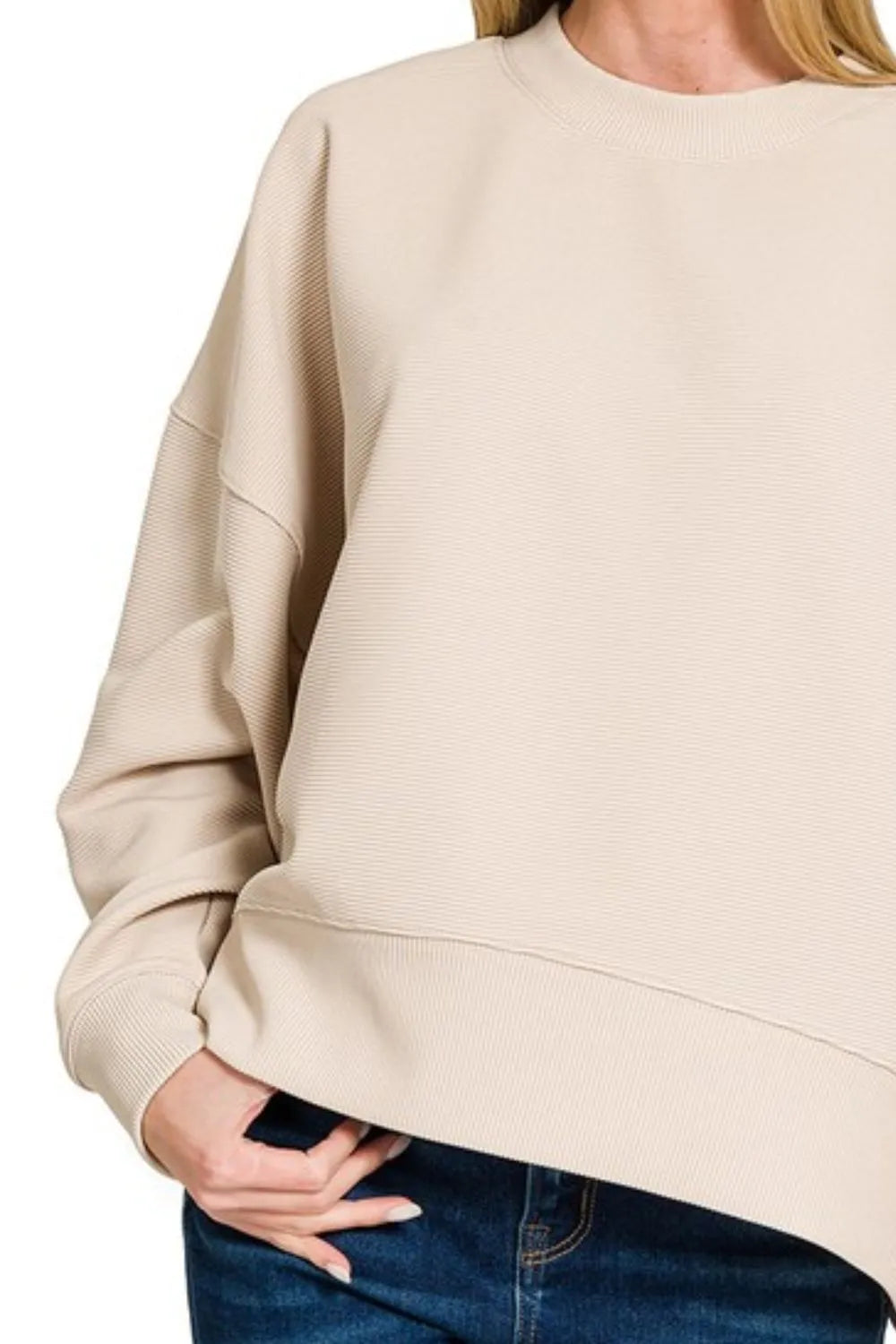 Zenana Ribbed Balloon Sleeve Sweatshirt - Velora Luxury Fashion