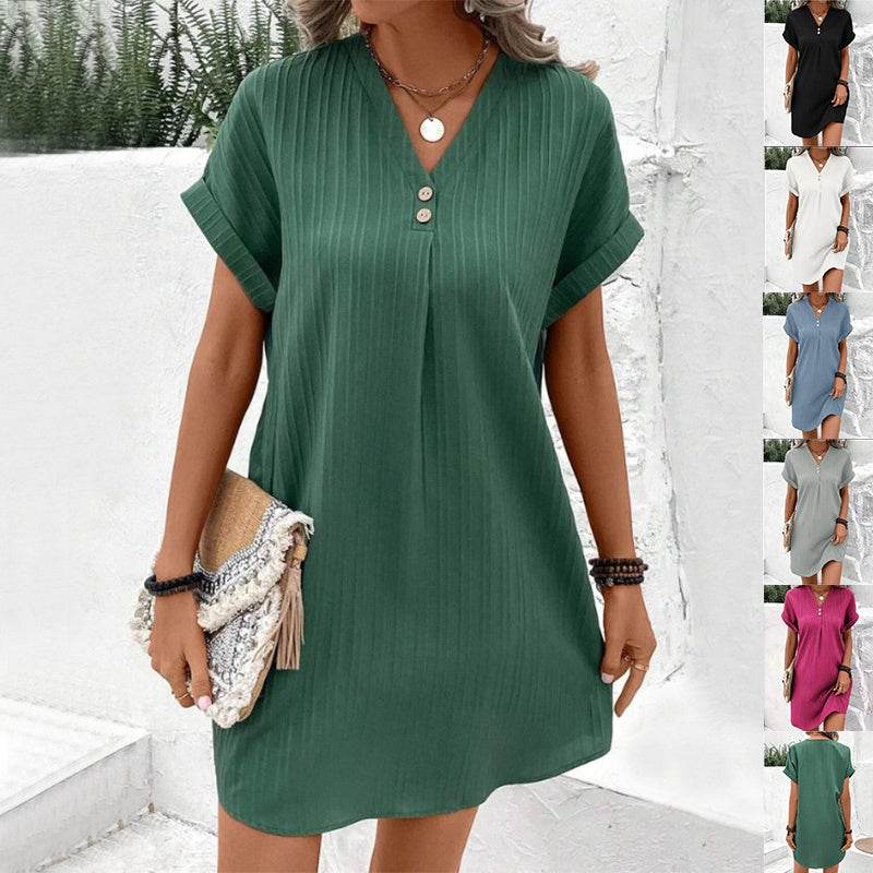 Fashion V-neck Short-sleeved Dress Casual Solid Strip Button Dresses Womens Clothing - Velora