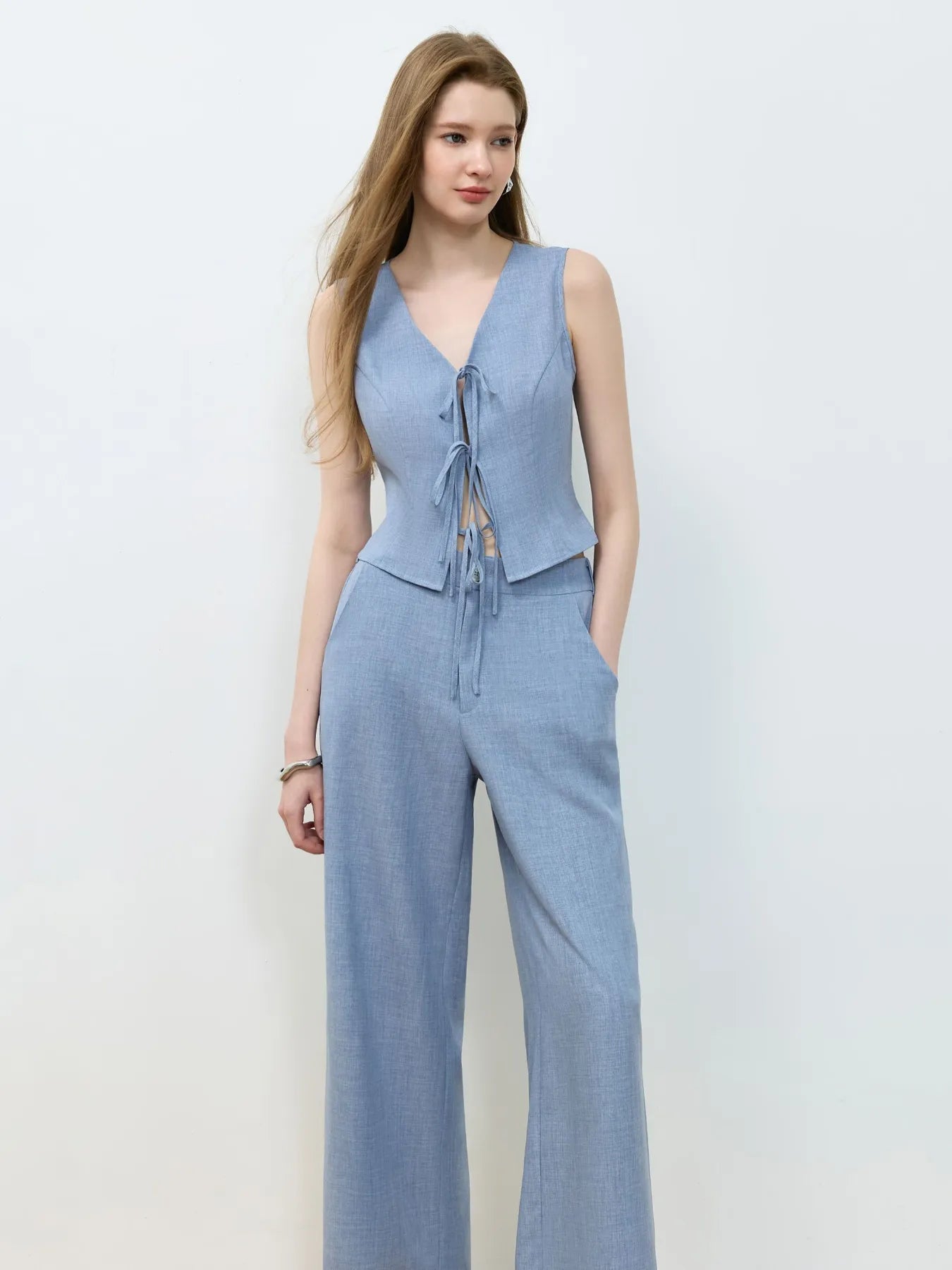 Tie Front Vest and Wide Leg Pants Set - Velora