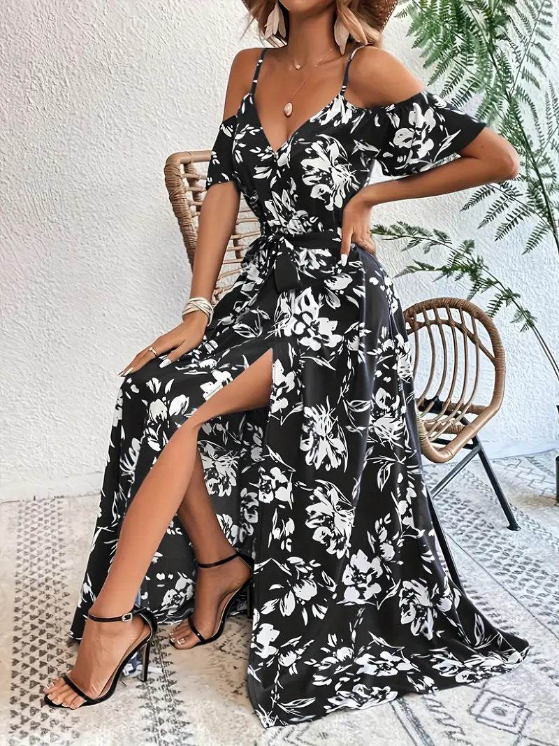 Ins Off-Shoulder Split Dress Summer Floral Print Suspender Long Dresses With Belt Design Women's Beach Clothing - Velora