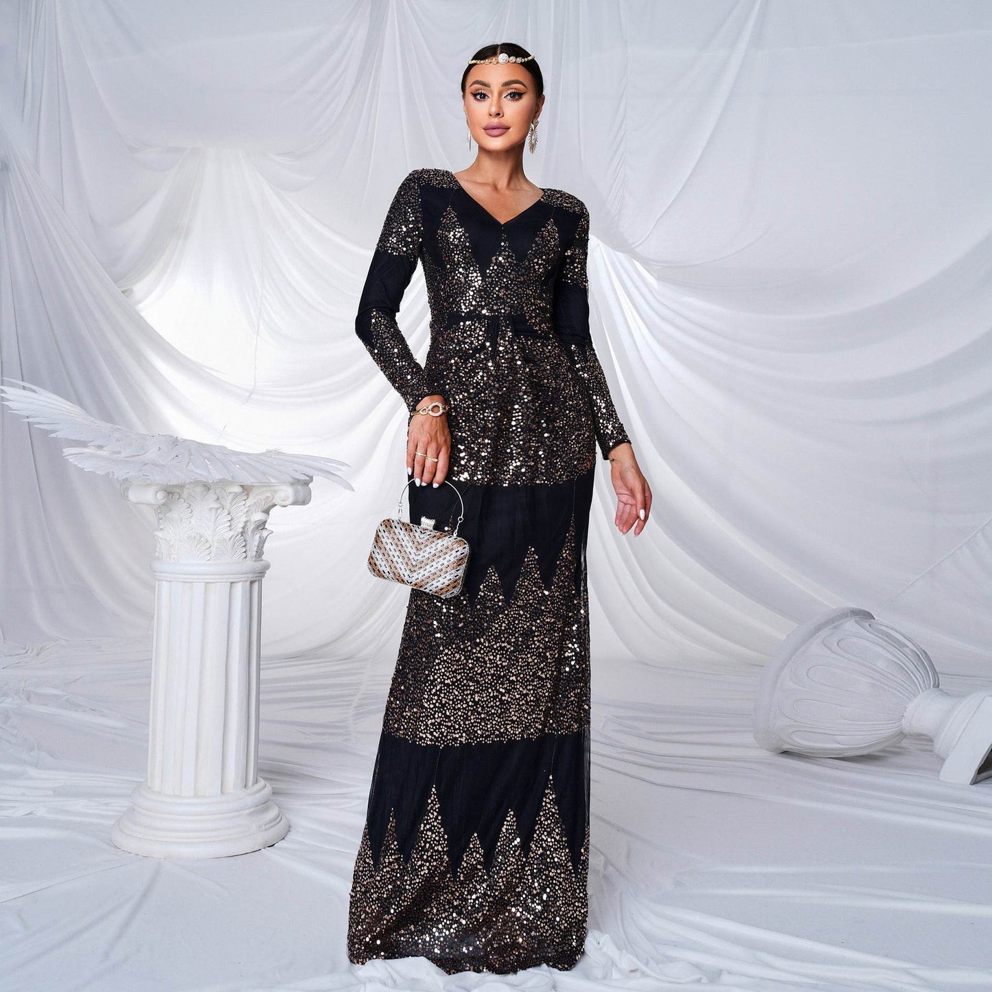 Long Sleeve V-neck Sexy Slim-fit Long Sequined Banquet Evening Dress - Velora