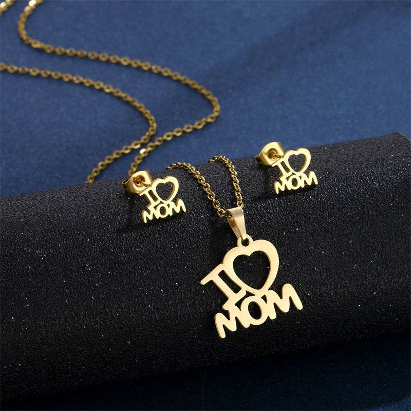 Mother's Day Jewelry Set Stainless Steel I Love Mom Mama Love Heart Pendant Necklace Earrings Thanksgiving Gift - Velora
